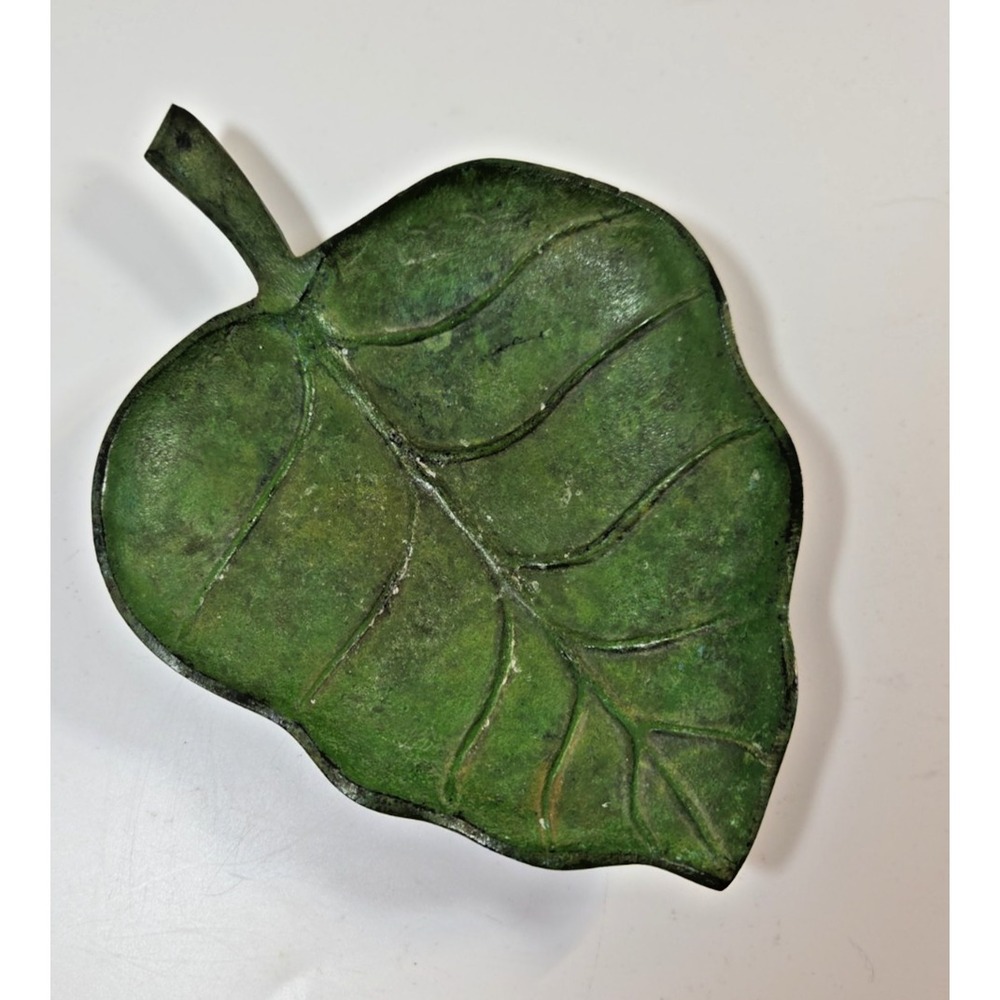 Metal Leaf‎ Trinket Bowl Dish  Green w/Veining Detail & Stem Heavy